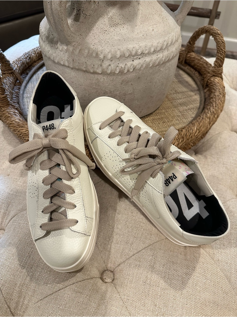 P448 Women's Cream Leather Low-Top Sneakers with Tan Laces